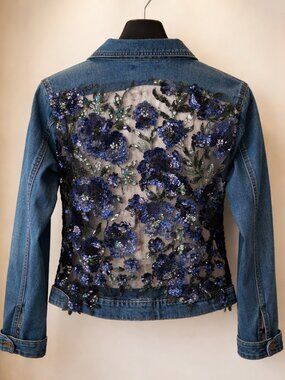 Suzy T Designs Sequined Floral Denim Jacket Size Medium
